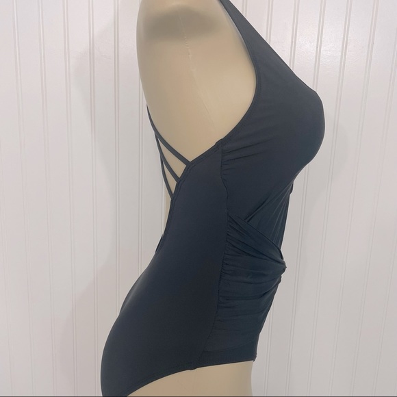 Athena Black Plunge Shirred Low Back Strappy One Piece Swimsuit Size 6 - Picture 6 of 15